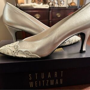 Stuart Weitzman, silver lace heels
